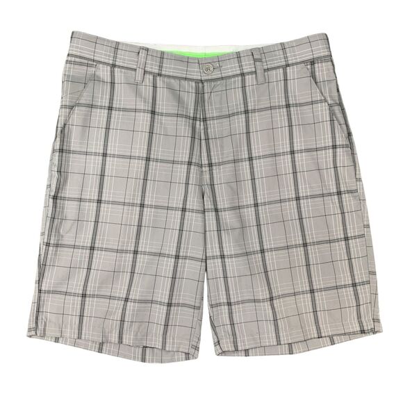 Greg Norman Shorts Mens 34 Gray Plaid Slim Fit Flat Front Tasso Elba Chino - Picture 1 of 9